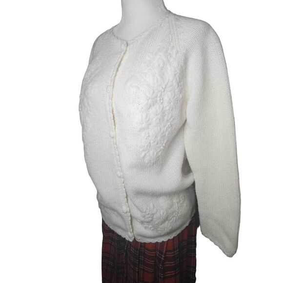 White 50s Cardigan Button Front Floral Embroidery EATONS Large - Picture 2 of 7
